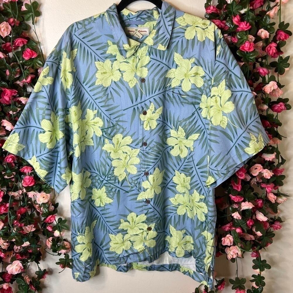 Tommy Bahama Men’s Silk Hawaiian Shirt Blue Green Floral Vacation Resort L 🌹